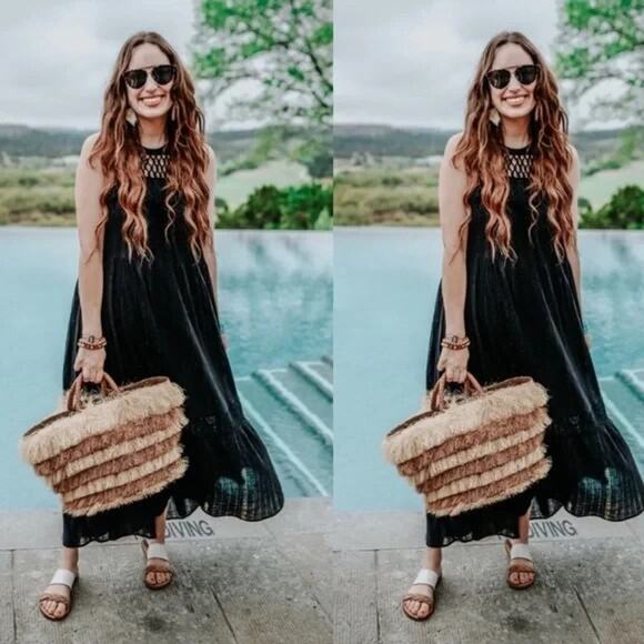 Anthropologie Maeve Abilene Dress Black Gold Shimmer Tassel Crochet Midi ALine S - Picture 9 of 9